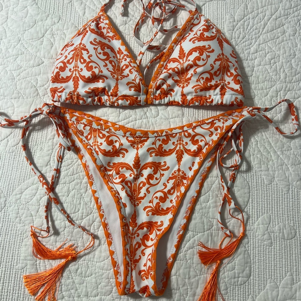 Orange And White Patterned Bikini - image 1